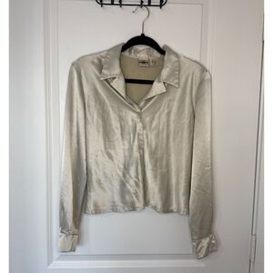 Vintage 90s Y2K Satin Blouse Women’s L Ivory Champagne Button Up Made in USA